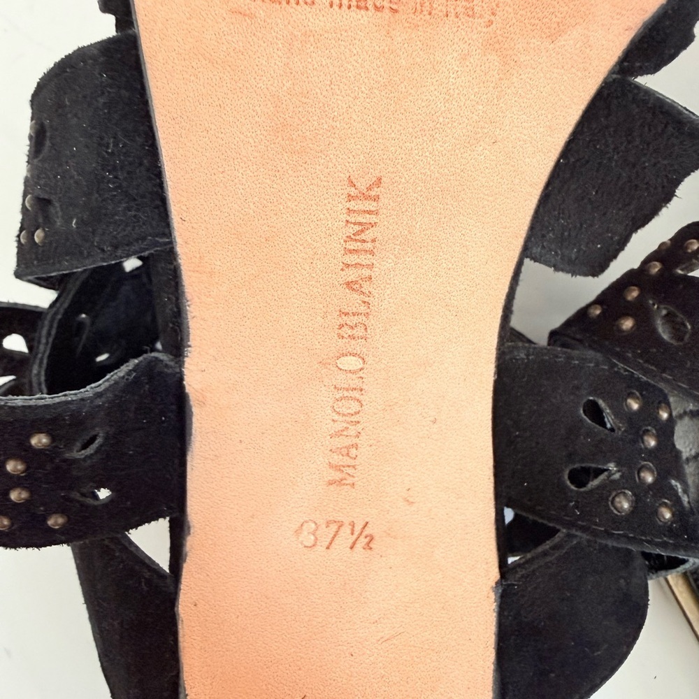 Manolo Blahnik Vintage Black Suede Laser Cut Studded Strappy Heels Sandals 37.5 - Picture 9 of 10